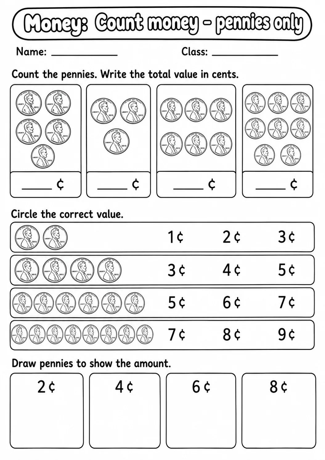 Kindergarten Money Math Worksheet Pack page 3 printable worksheet preview