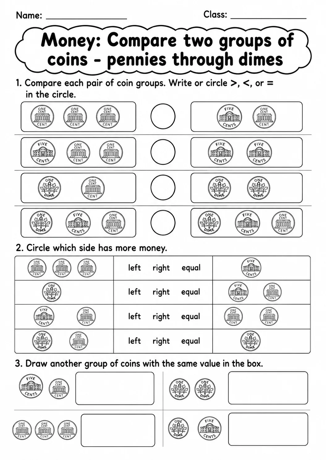 Kindergarten Money Math Worksheet Pack page 6 printable worksheet preview