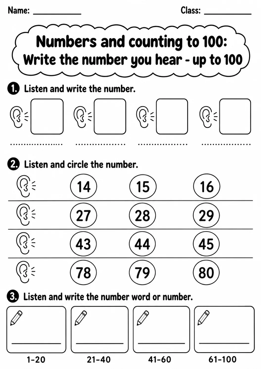 Kindergarten Numbers and Counting to 100 Math Worksheet Pack page 2 printable worksheet preview