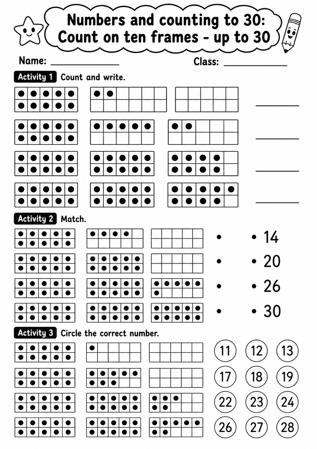 Kindergarten Numbers and Counting to 30 Math Worksheet Pack printable worksheet pack preview