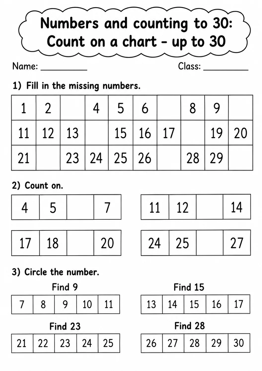 Kindergarten Numbers and Counting to 30 Math Worksheet Pack page 2 printable worksheet preview