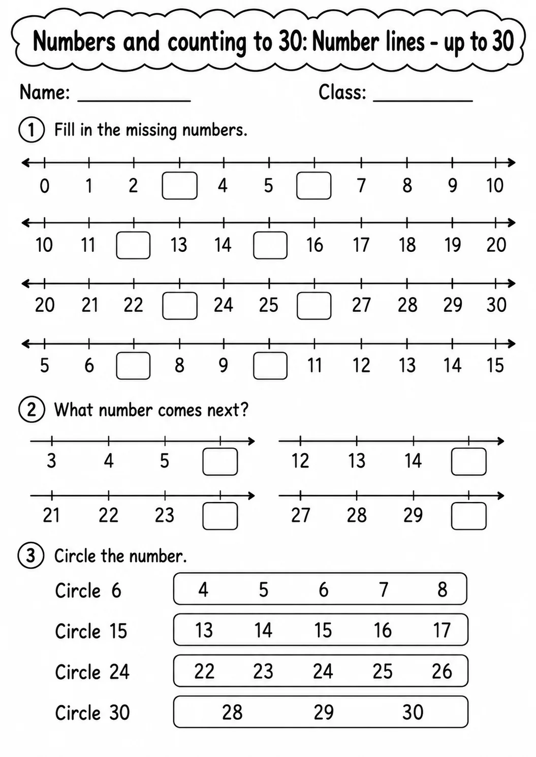 Kindergarten Numbers and Counting to 30 Math Worksheet Pack page 3 printable worksheet preview