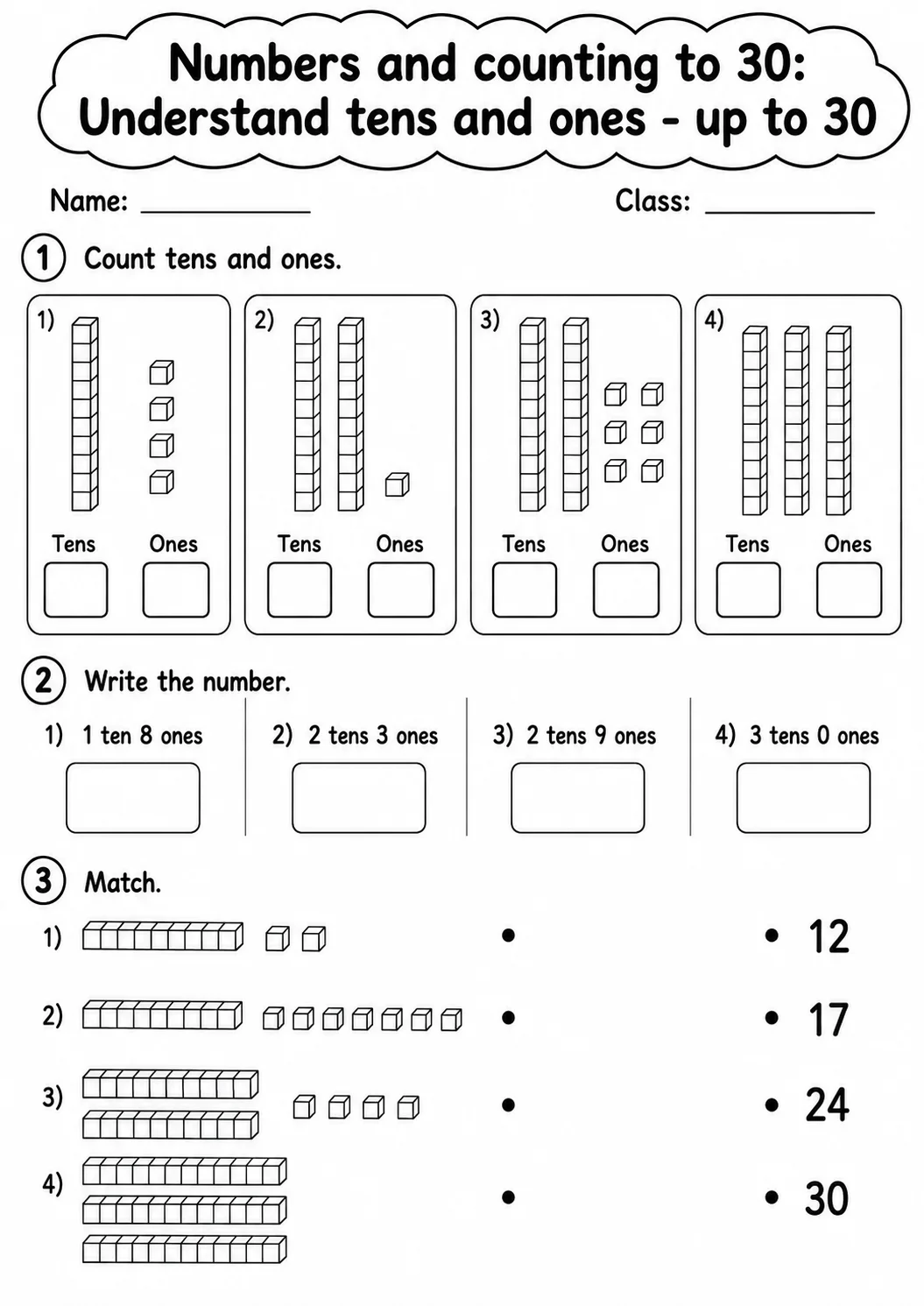Kindergarten Numbers and Counting to 30 Math Worksheet Pack page 6 printable worksheet preview