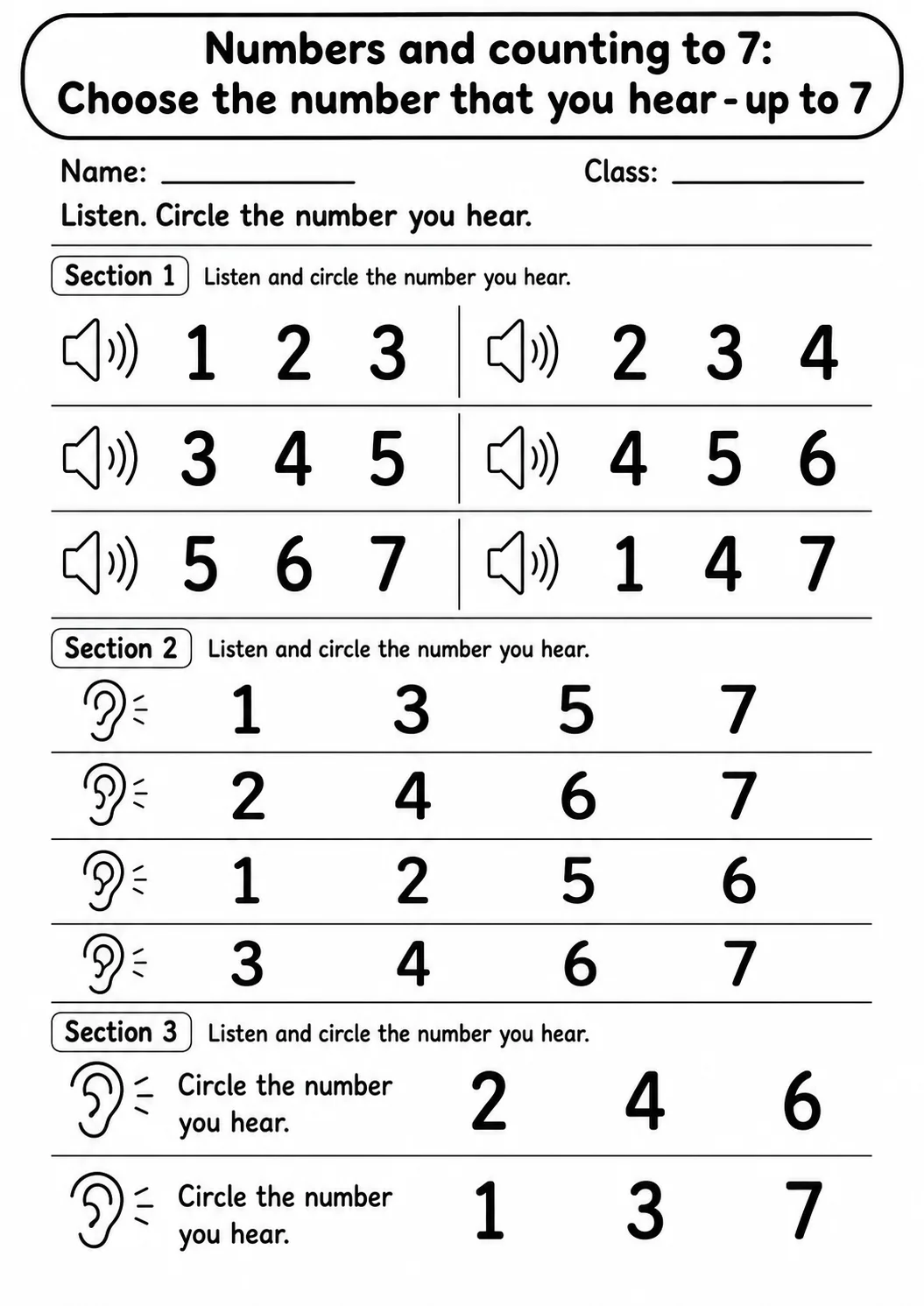Kindergarten Numbers and Counting to 7 Math Worksheet Pack printable worksheet pack preview