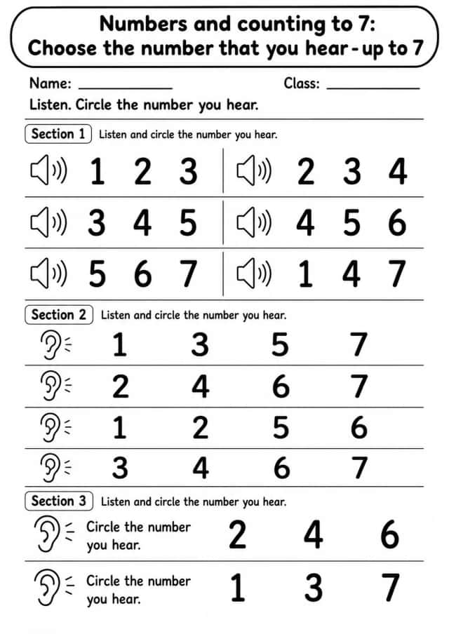 Kindergarten Numbers and Counting to 7 Math Worksheet Pack