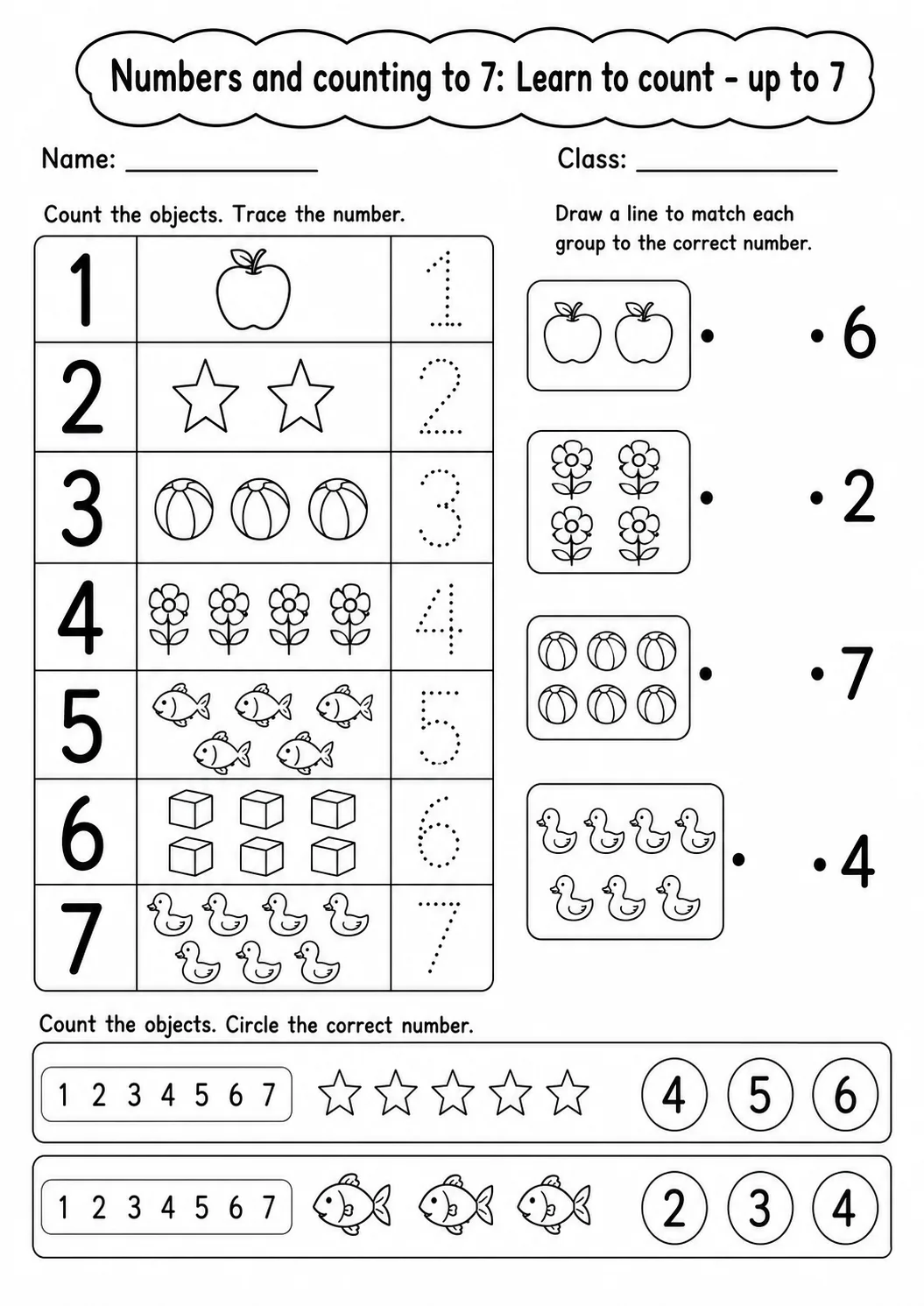 Kindergarten Numbers and Counting to 7 Math Worksheet Pack page 2 printable worksheet preview
