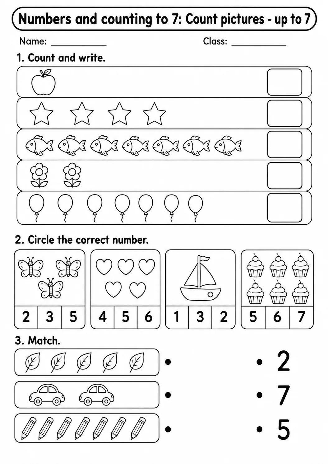 Kindergarten Numbers and Counting to 7 Math Worksheet Pack page 3 printable worksheet preview