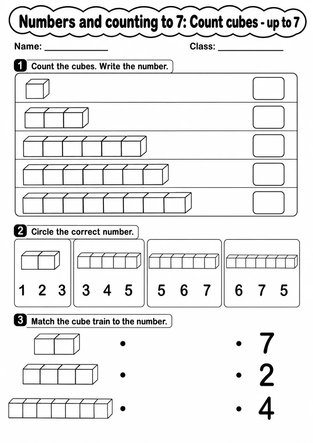 Kindergarten Numbers and Counting to 7 Math Worksheet Pack page 4 printable worksheet preview