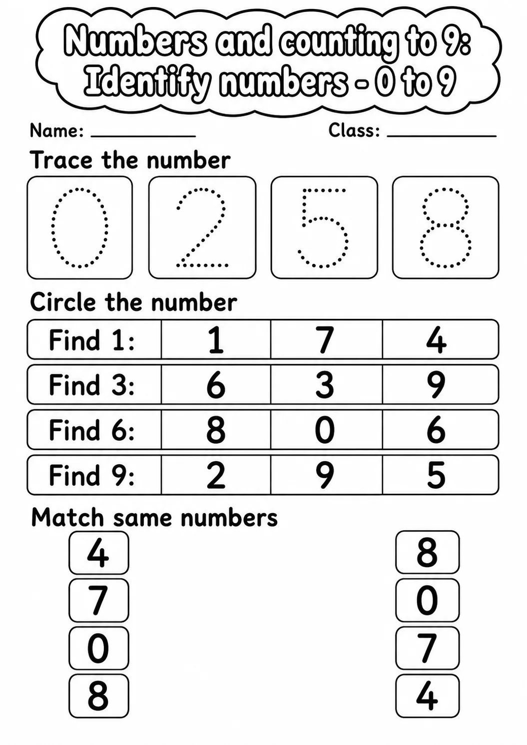 Kindergarten Numbers and Counting to 9 Math Worksheet Pack printable worksheet pack preview