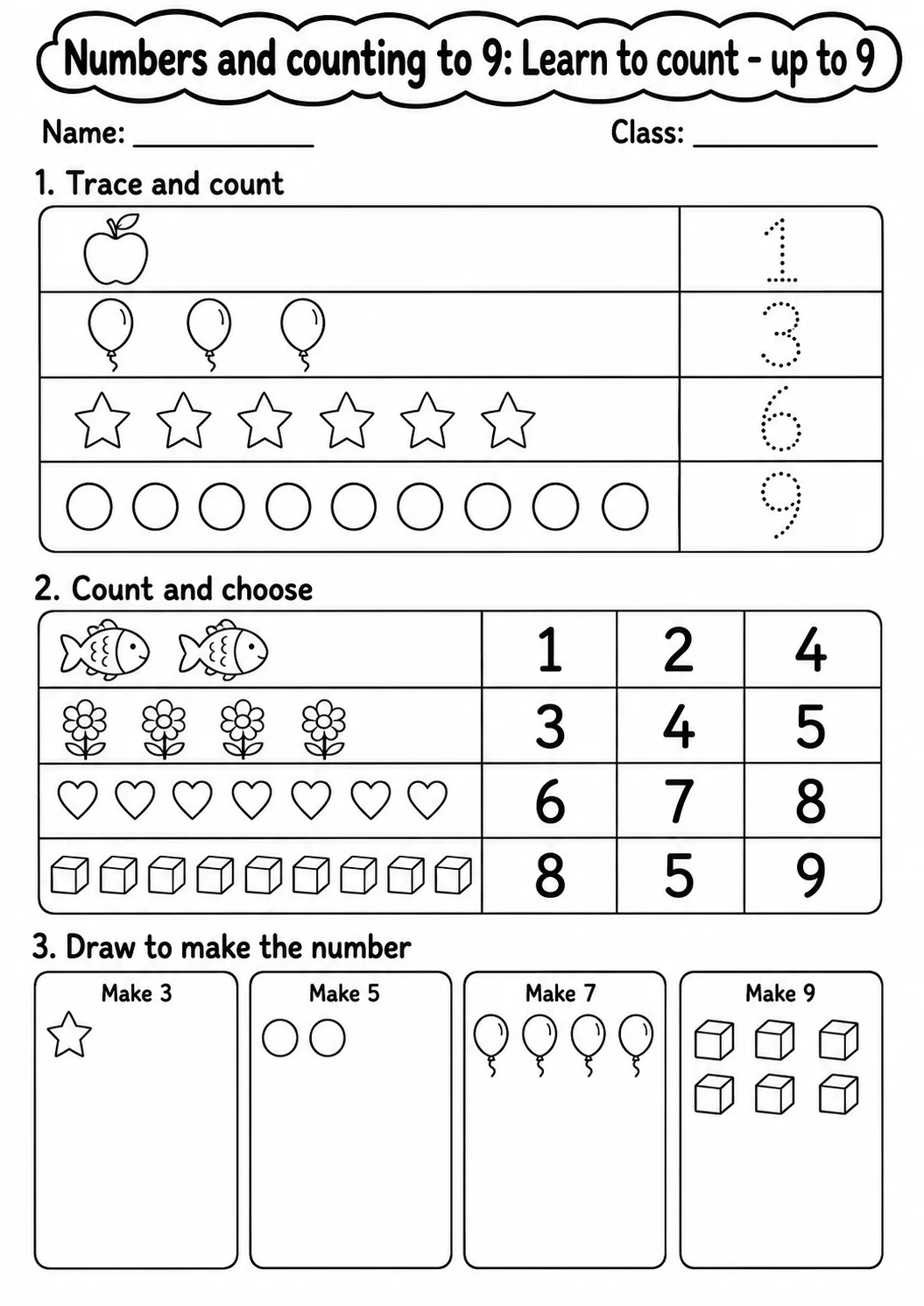 Kindergarten Numbers and Counting to 9 Math Worksheet Pack page 3 printable worksheet preview