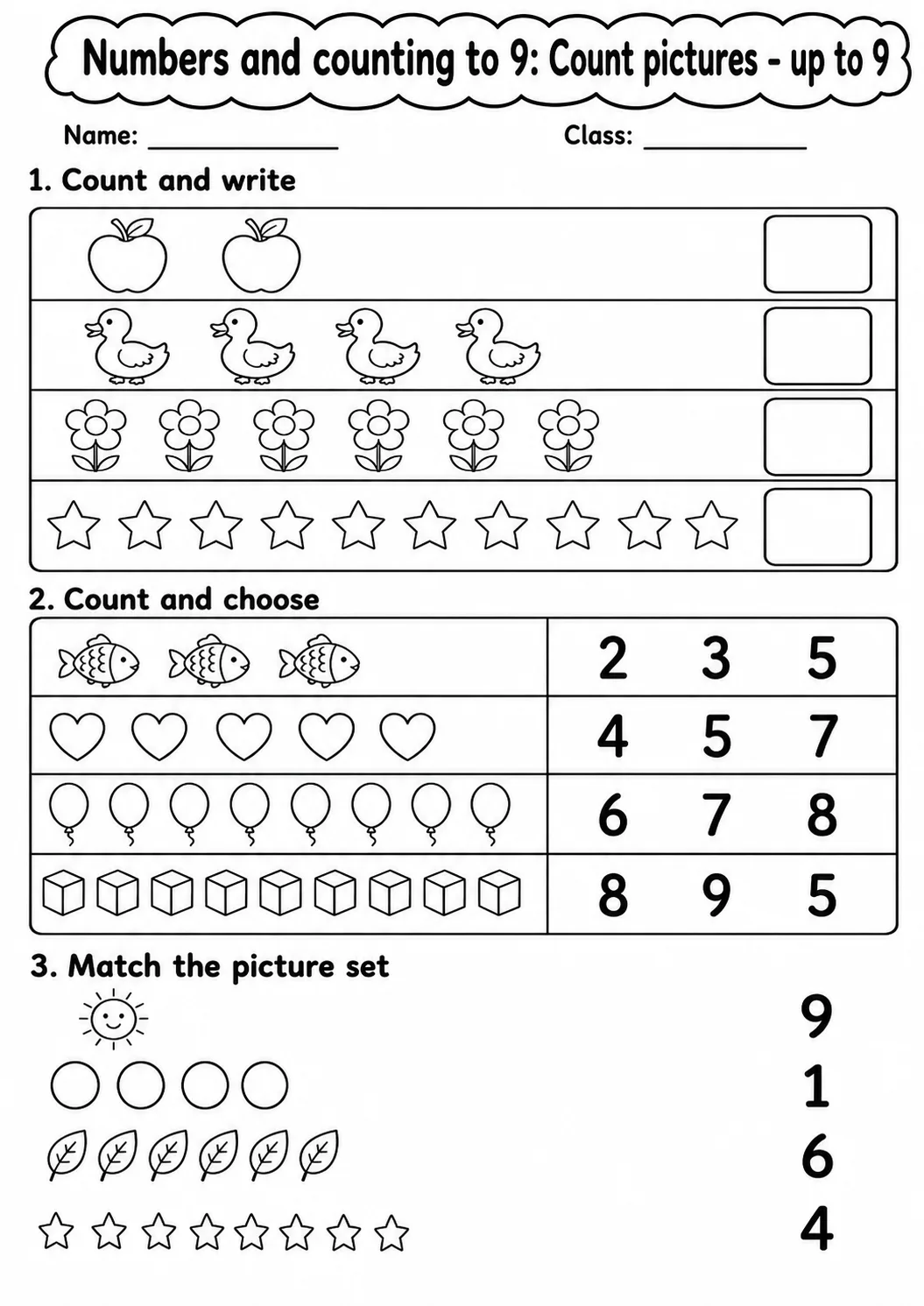 Kindergarten Numbers and Counting to 9 Math Worksheet Pack page 4 printable worksheet preview