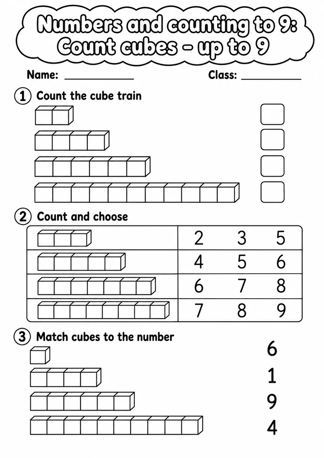 Kindergarten Numbers and Counting to 9 Math Worksheet Pack page 5 printable worksheet preview