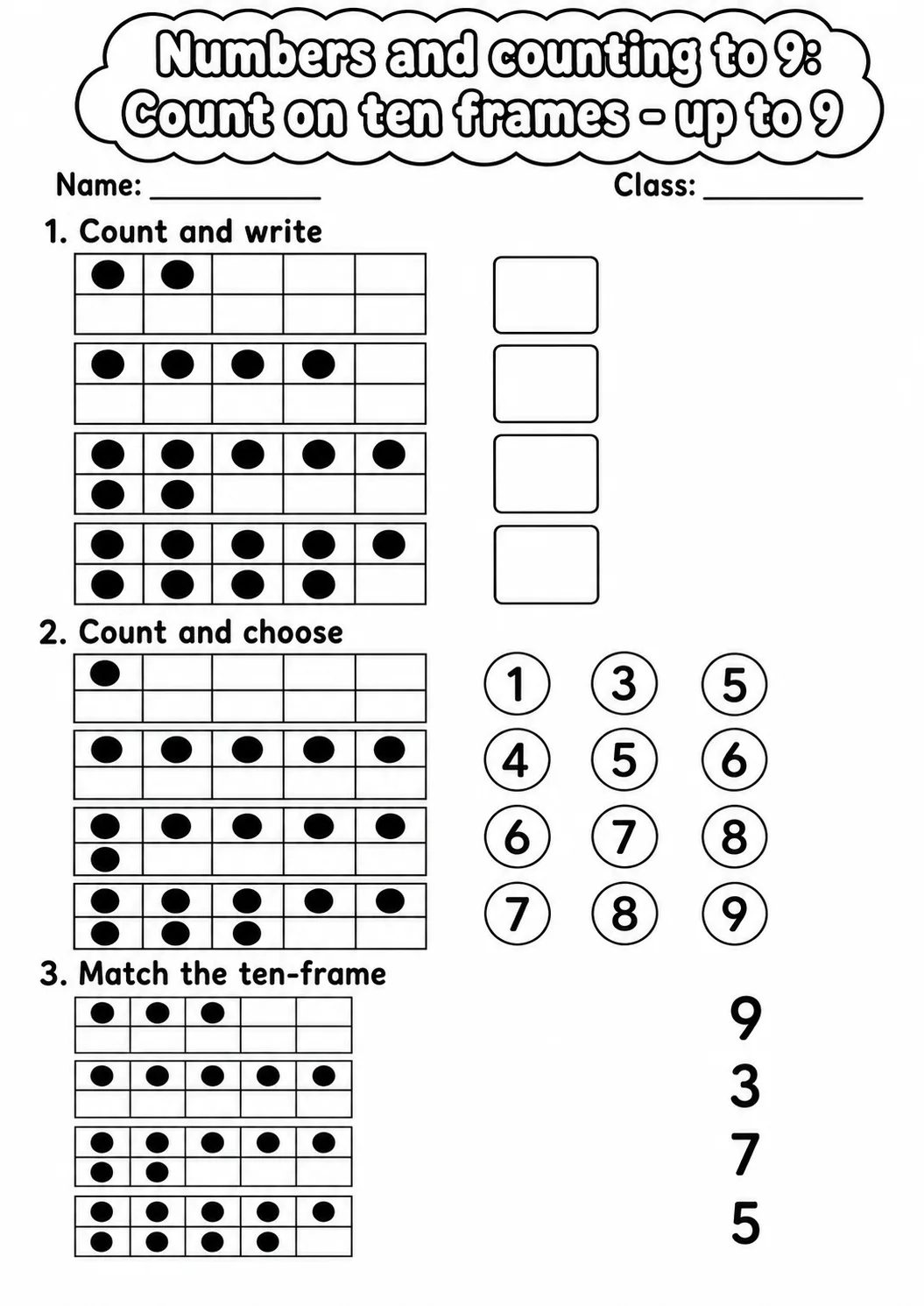 Kindergarten Numbers and Counting to 9 Math Worksheet Pack page 6 printable worksheet preview