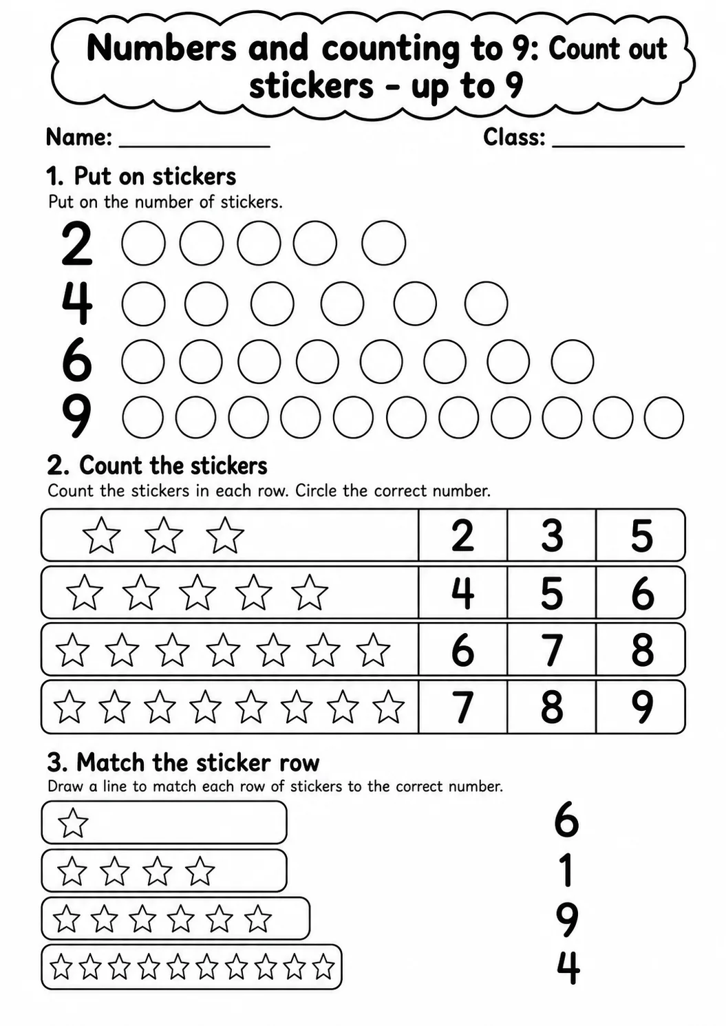 Kindergarten Numbers and Counting to 9 Math Worksheet Pack page 7 printable worksheet preview