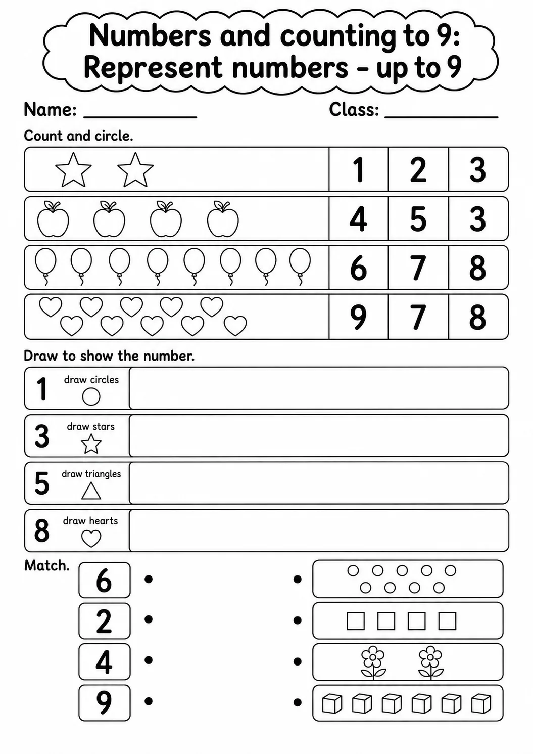 Kindergarten Numbers and Counting to 9 Math Worksheet Pack page 10 printable worksheet preview