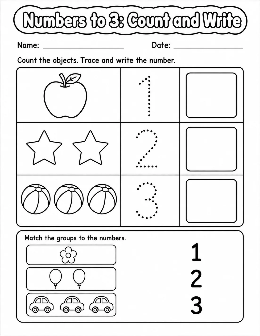 Kindergarten Numbers to 3 Math Worksheet Pack printable worksheet pack preview