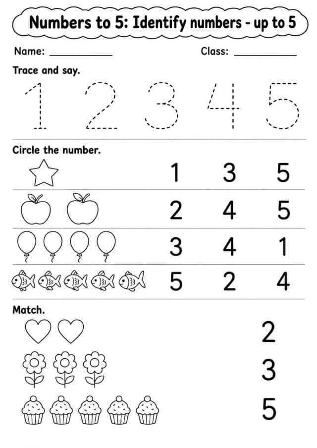 Kindergarten Numbers to 5 Math Worksheet Pack