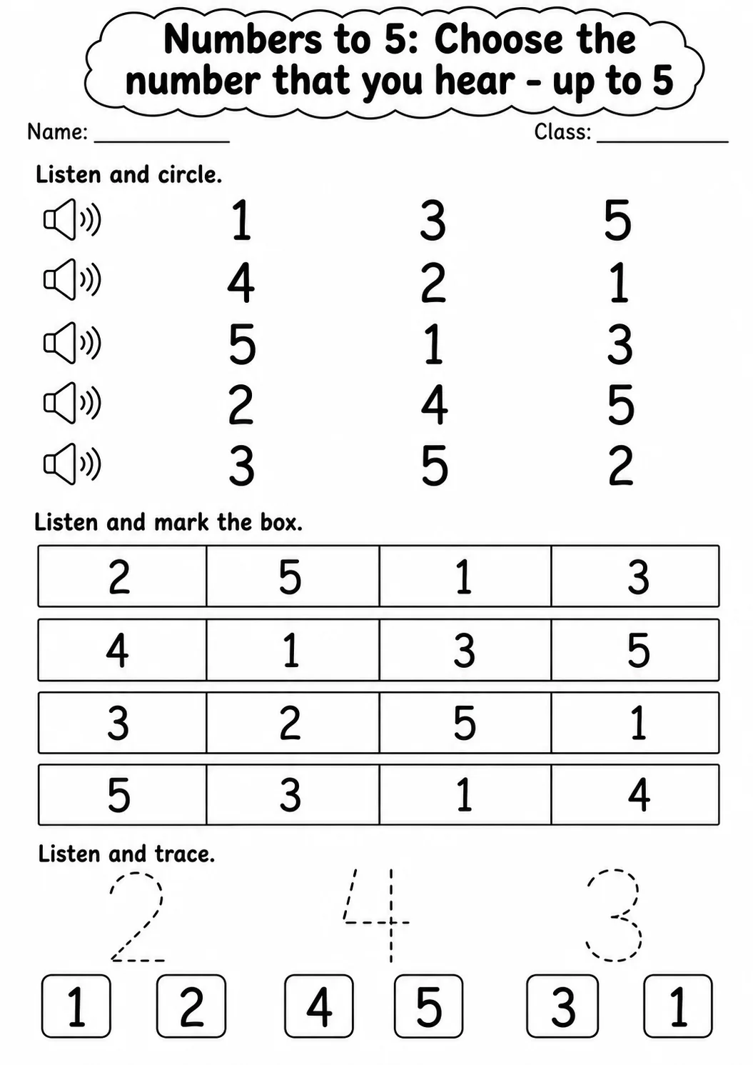 Kindergarten Numbers to 5 Math Worksheet Pack page 2 printable worksheet preview