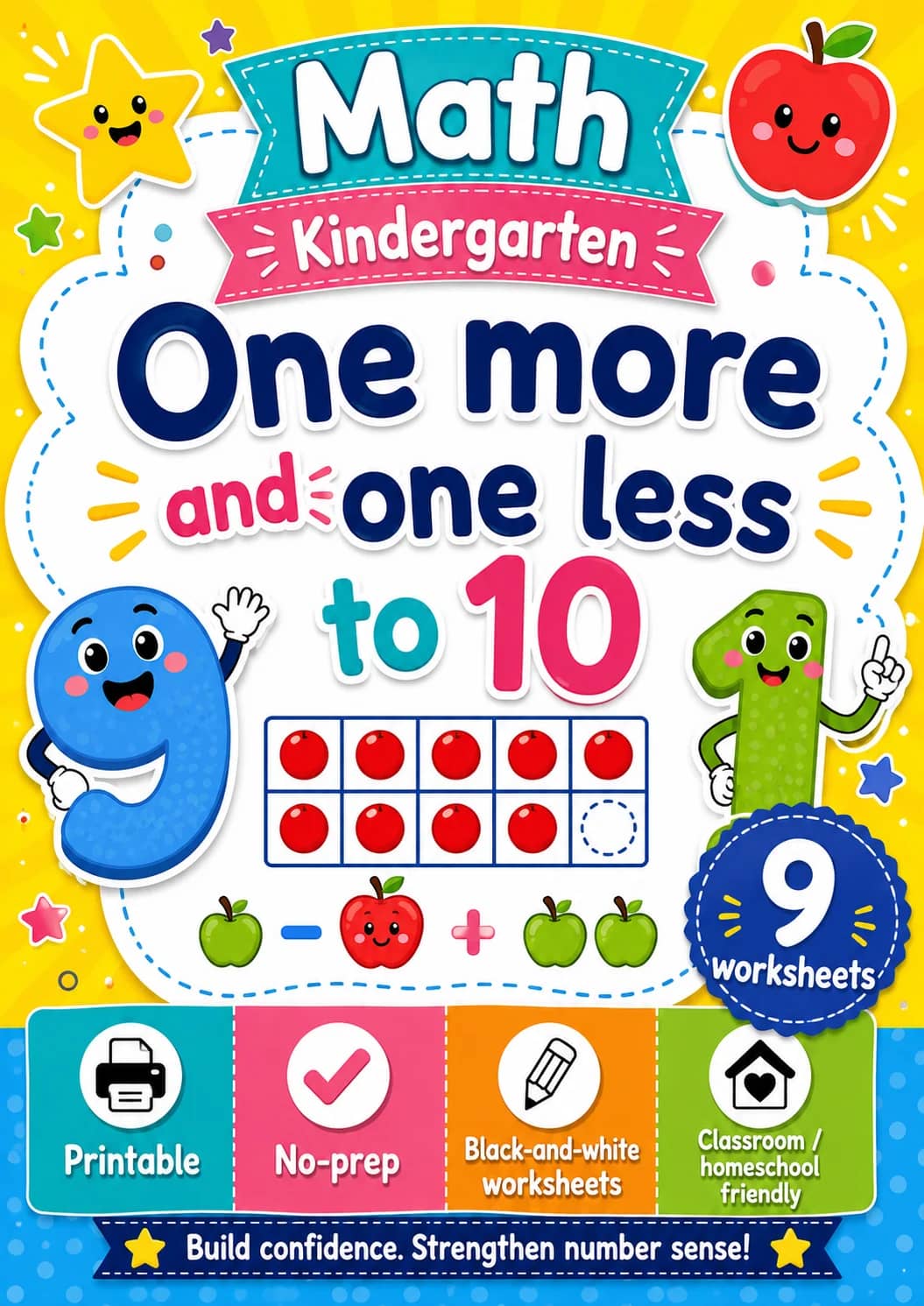 Kindergarten One More And One Less To 10 Math Worksheet Pack printable worksheet pack preview