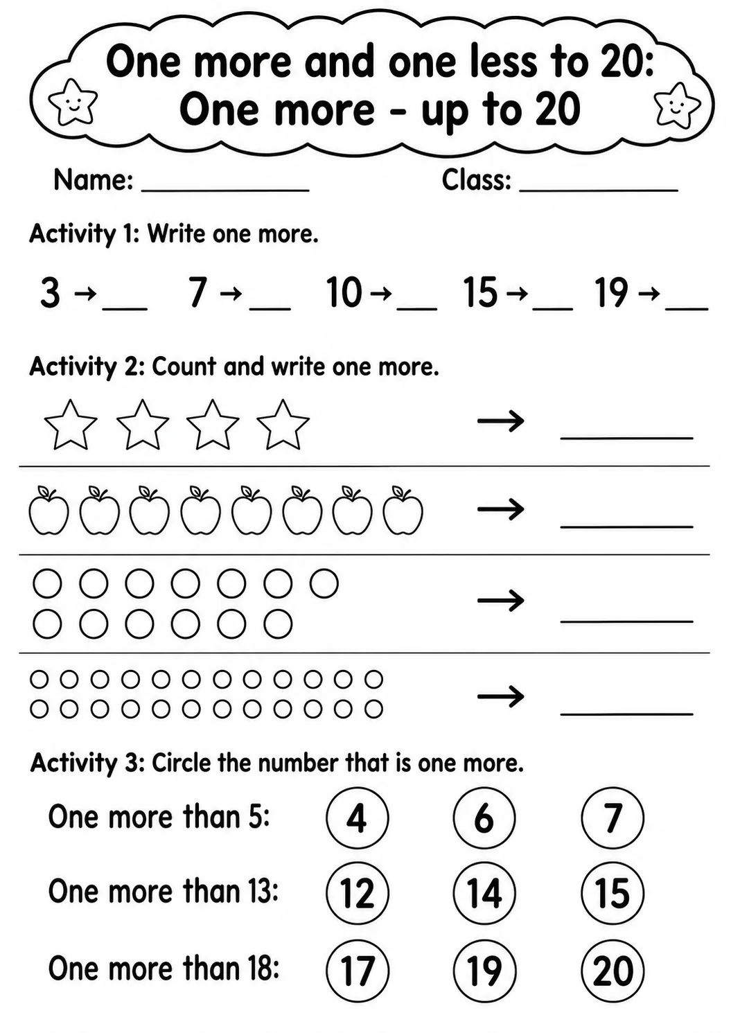 Kindergarten One More and One Less to 20 Math Worksheet Pack printable worksheet pack preview