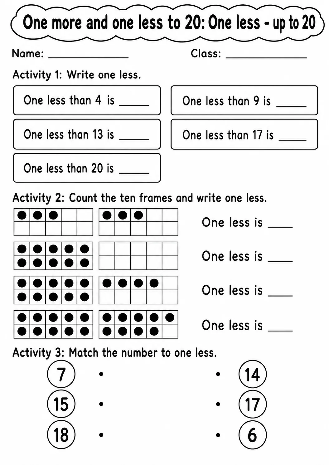 Kindergarten One More and One Less to 20 Math Worksheet Pack page 2 printable worksheet preview