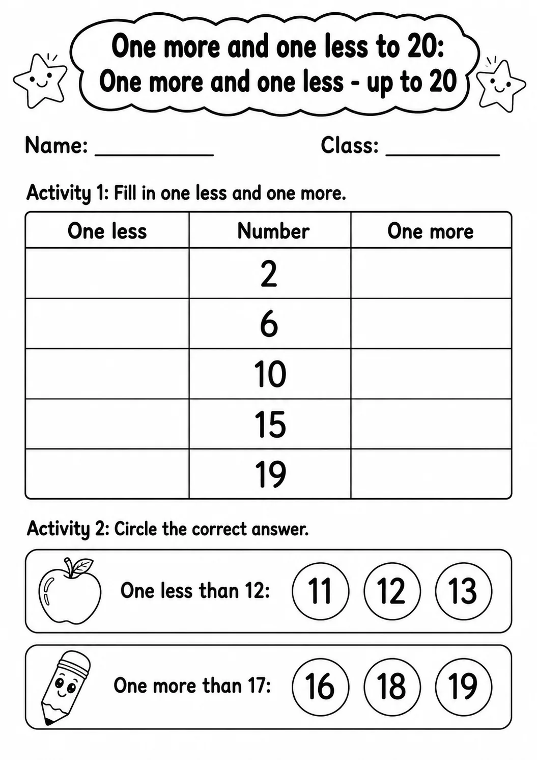 Kindergarten One More and One Less to 20 Math Worksheet Pack page 3 printable worksheet preview