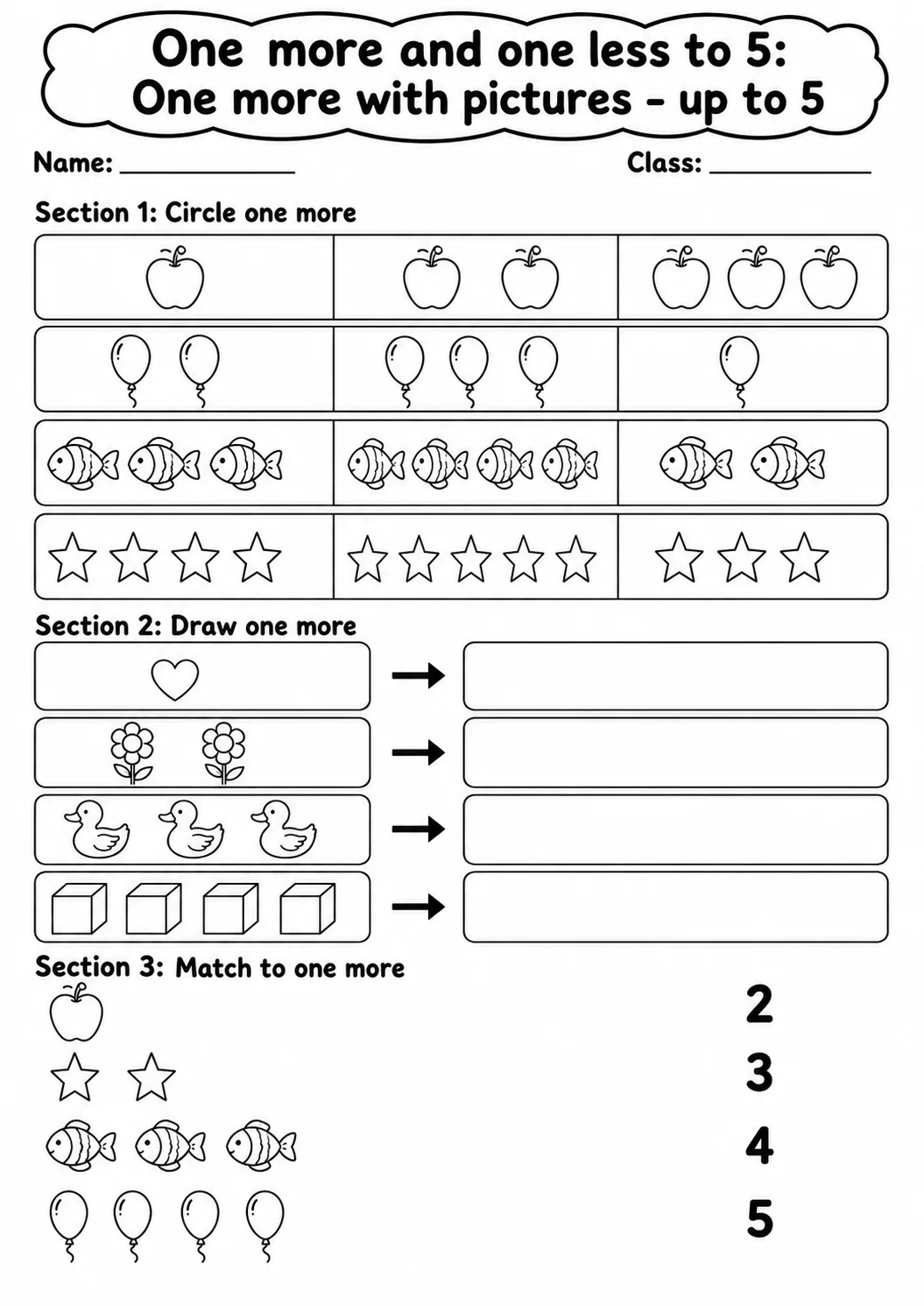Kindergarten One More and One Less to 5 Math Worksheet Pack printable worksheet pack preview