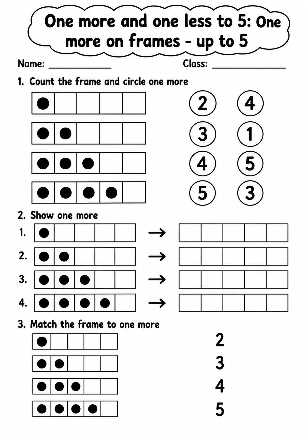 Kindergarten One More and One Less to 5 Math Worksheet Pack page 2 printable worksheet preview