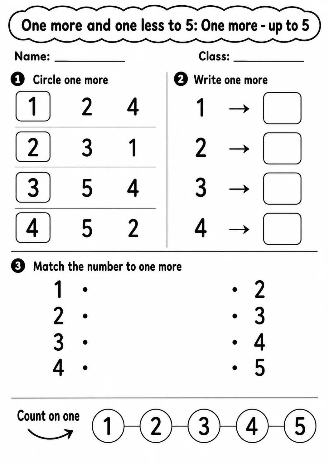 Kindergarten One More and One Less to 5 Math Worksheet Pack page 3 printable worksheet preview