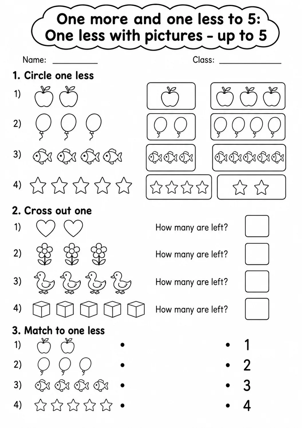 Kindergarten One More and One Less to 5 Math Worksheet Pack page 4 printable worksheet preview