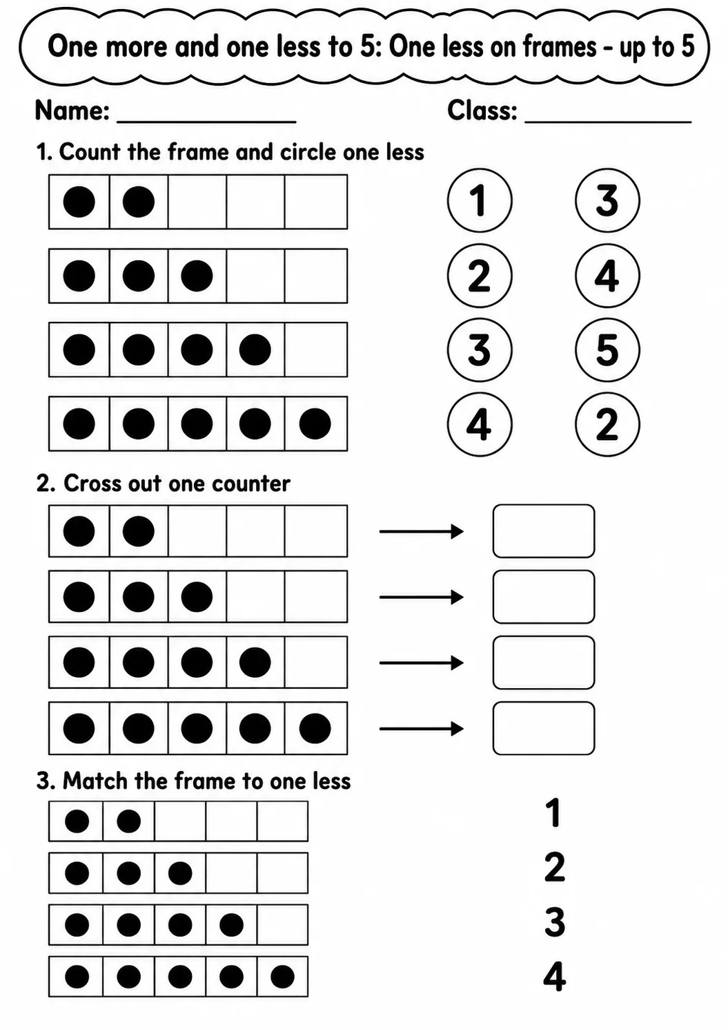 Kindergarten One More and One Less to 5 Math Worksheet Pack page 5 printable worksheet preview