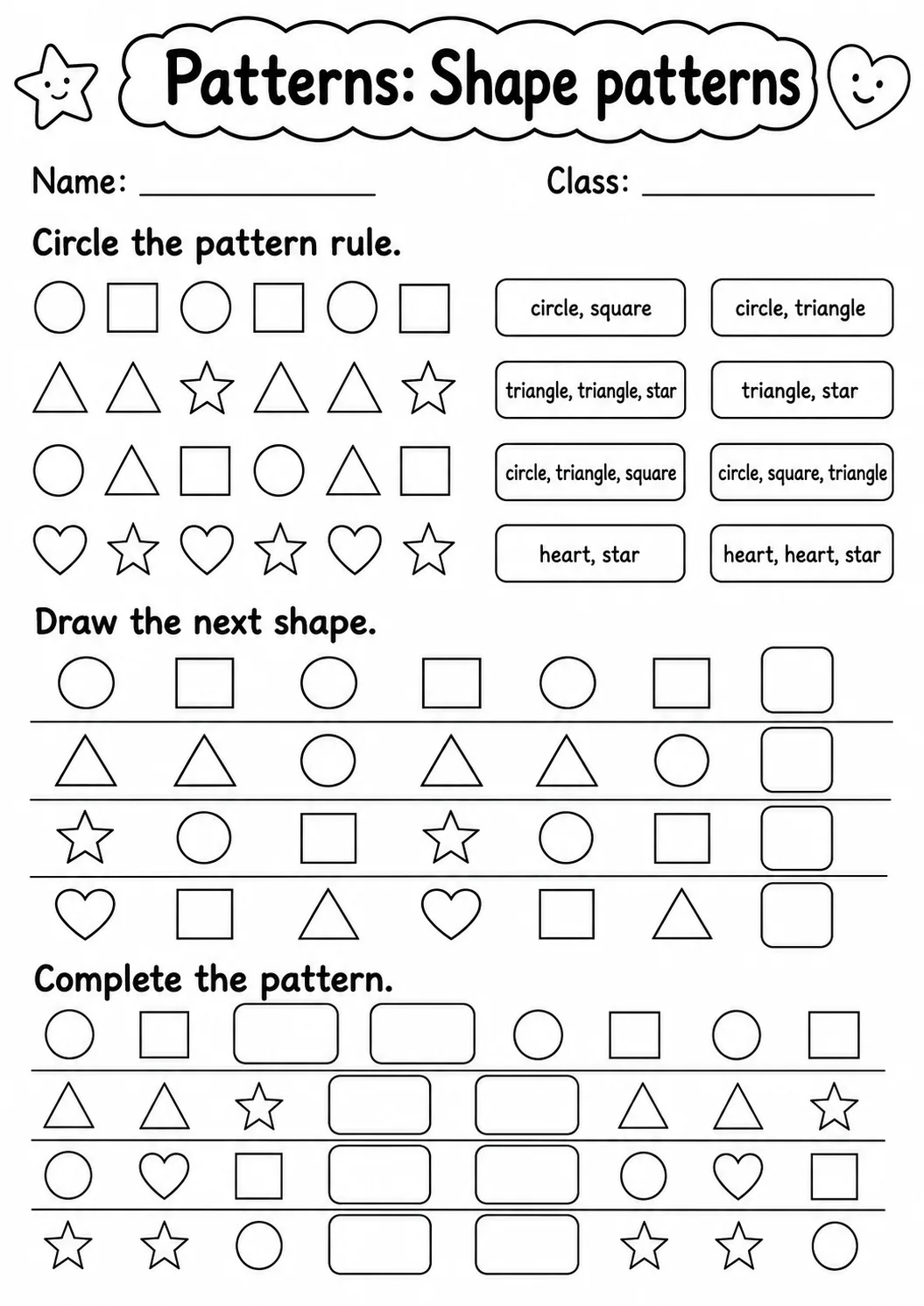 Kindergarten Patterns Math Worksheet Pack page 3 printable worksheet preview
