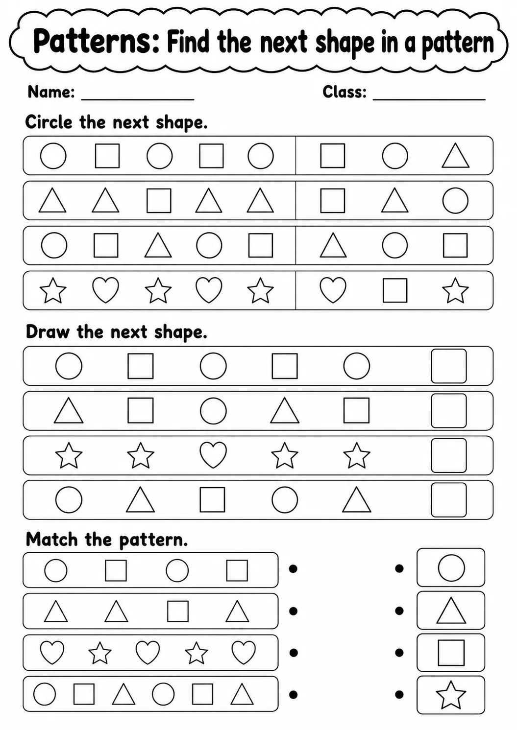 Kindergarten Patterns Math Worksheet Pack page 4 printable worksheet preview