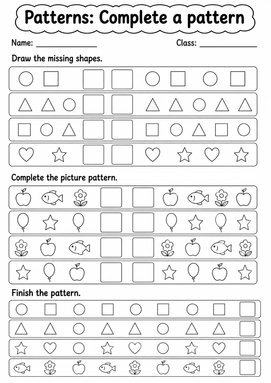 Kindergarten Patterns Math Worksheet Pack page 5 printable worksheet preview