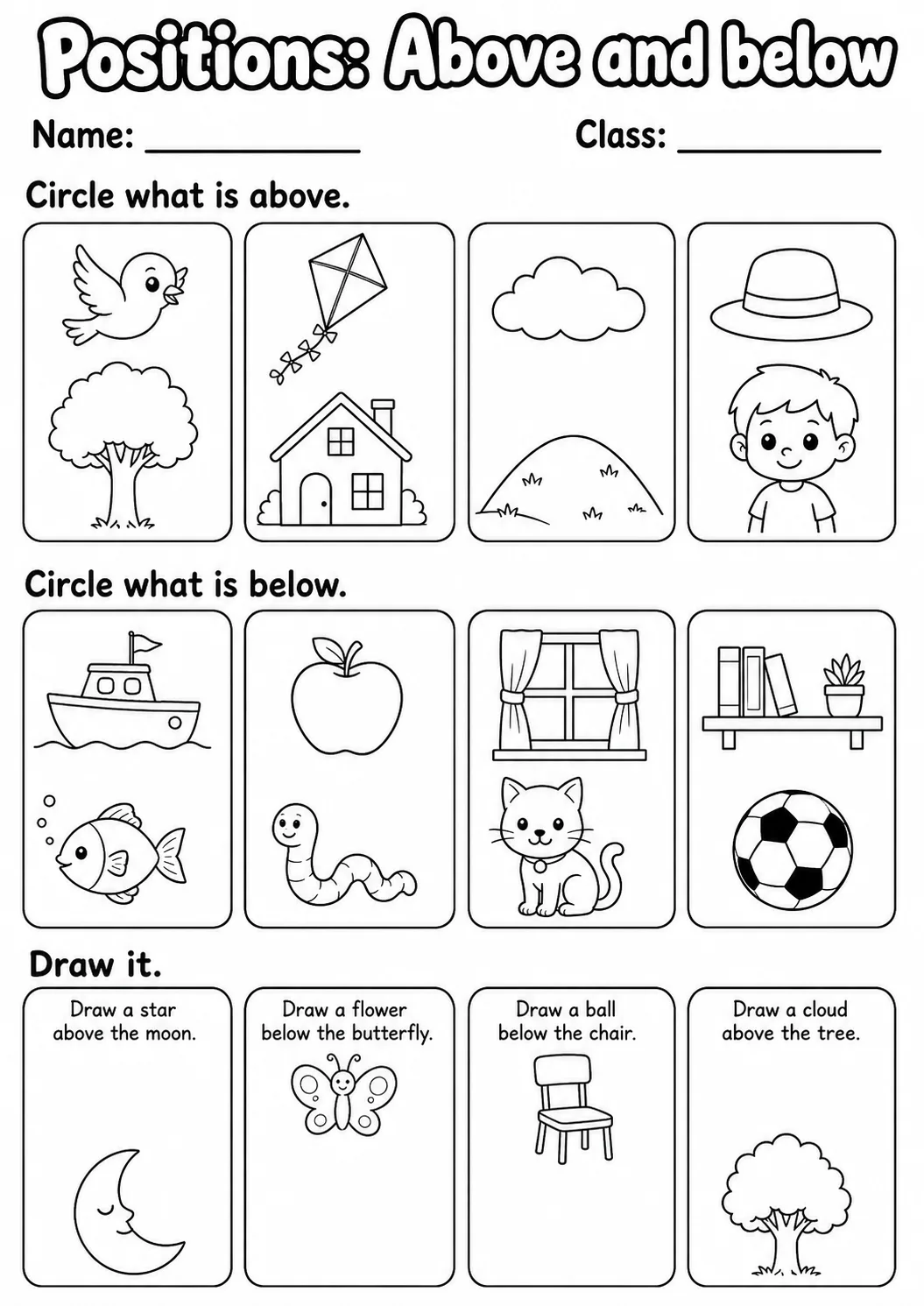 Kindergarten Positions Math Worksheet Pack page 3 printable worksheet preview