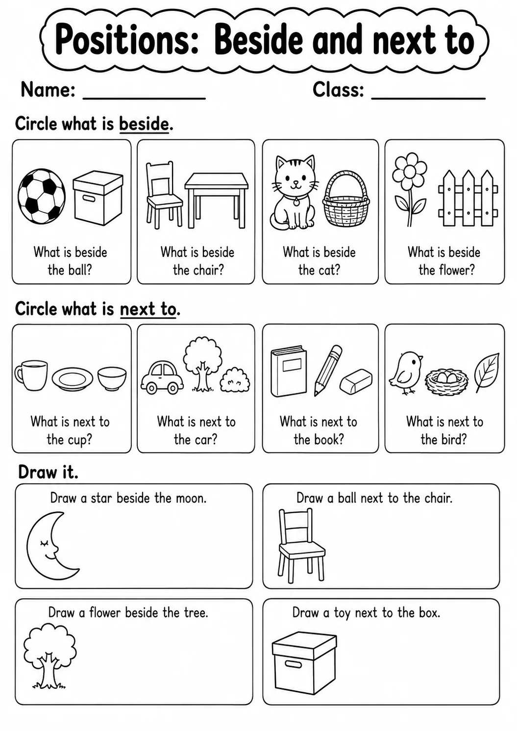 Kindergarten Positions Math Worksheet Pack page 4 printable worksheet preview