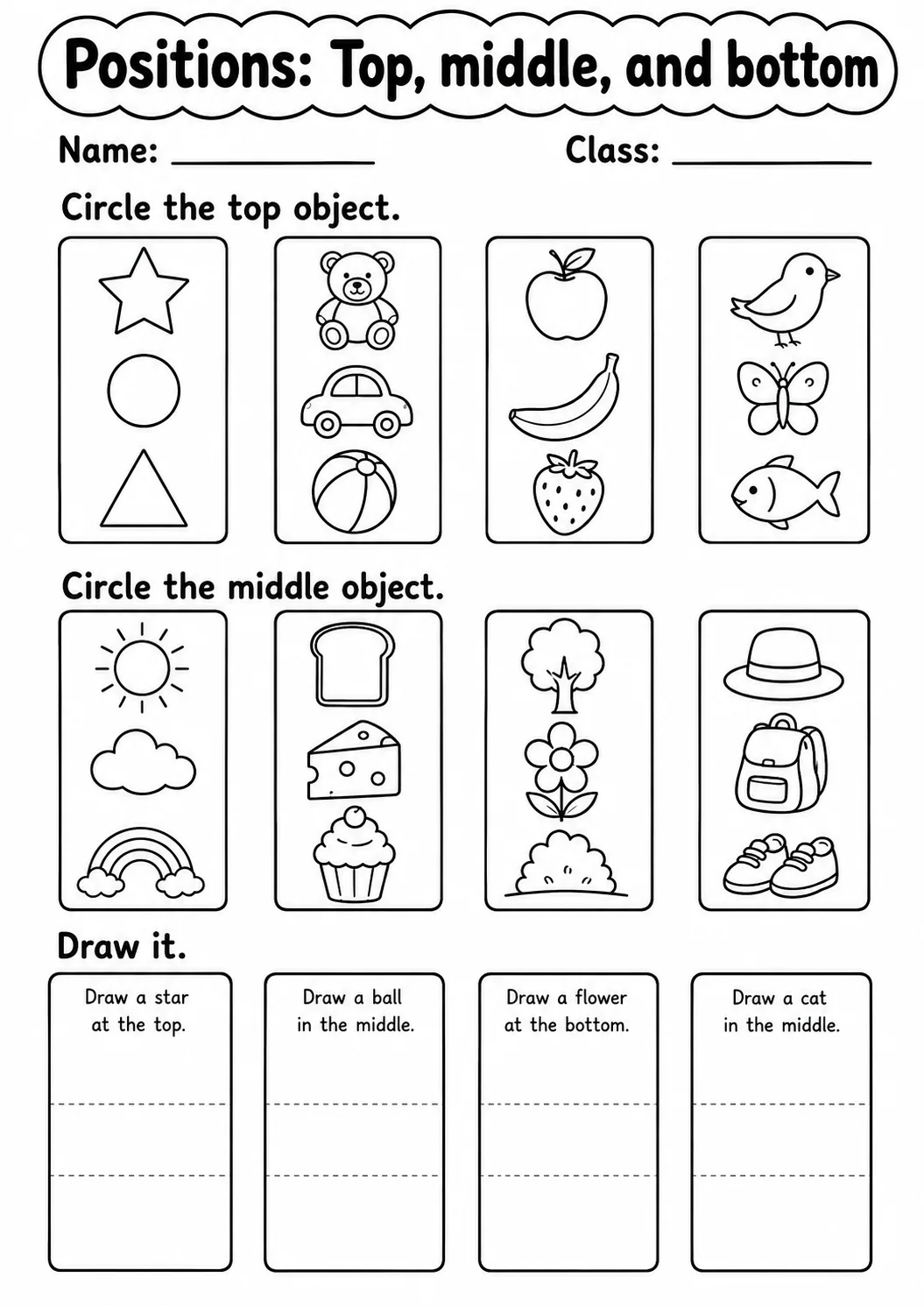 Kindergarten Positions Math Worksheet Pack page 6 printable worksheet preview
