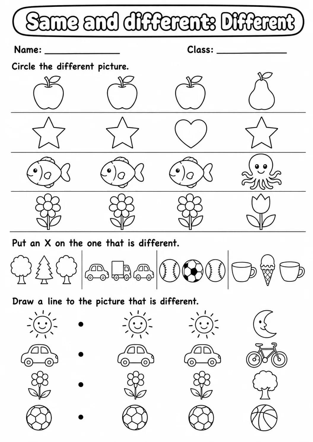 Kindergarten Same and Different Math Worksheet Pack printable worksheet pack preview