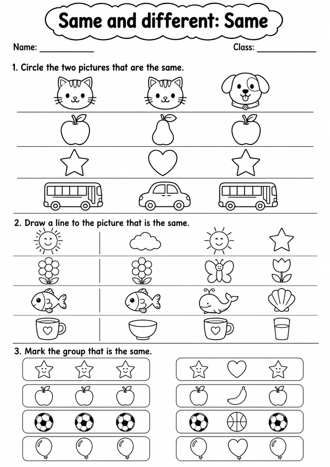 Kindergarten Same and Different Math Worksheet Pack page 2 printable worksheet preview