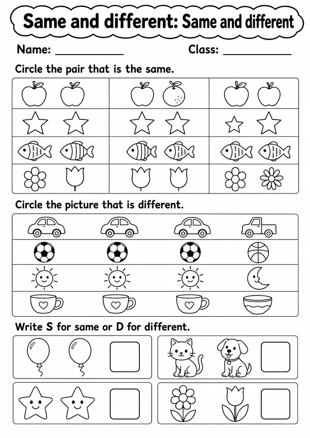 Kindergarten Same and Different Math Worksheet Pack page 3 printable worksheet preview