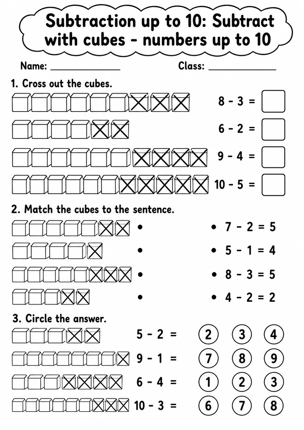 Kindergarten Subtraction up to 10 Math Worksheet Pack printable worksheet pack preview