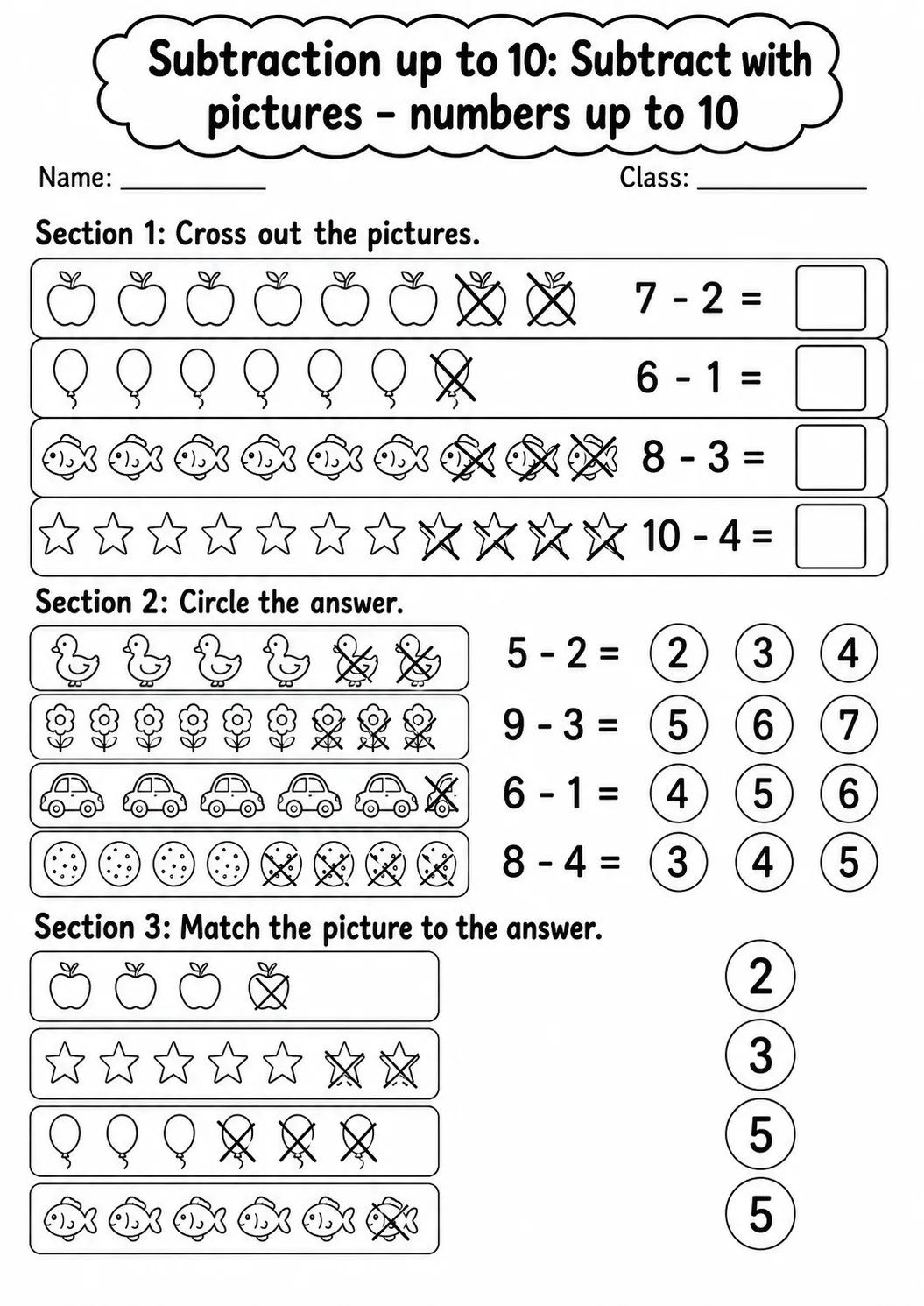 Kindergarten Subtraction up to 10 Math Worksheet Pack page 2 printable worksheet preview
