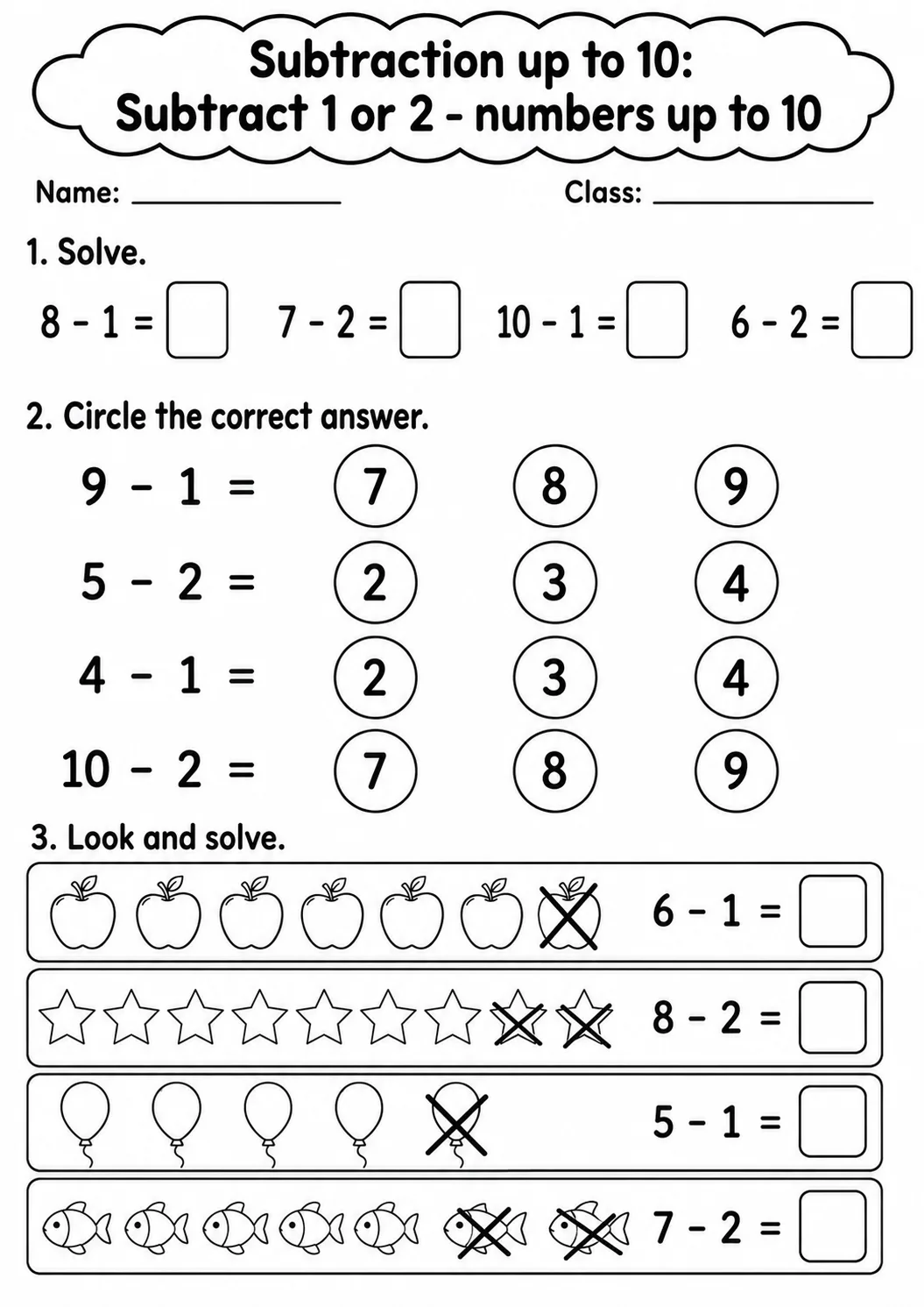 Kindergarten Subtraction up to 10 Math Worksheet Pack page 3 printable worksheet preview