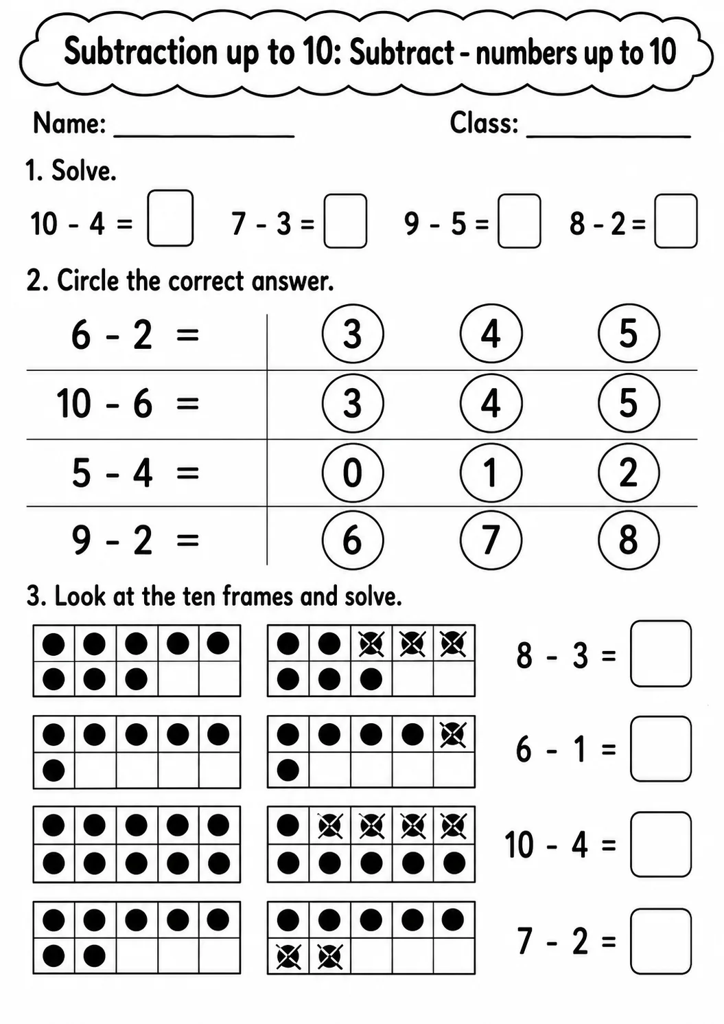 Kindergarten Subtraction up to 10 Math Worksheet Pack page 4 printable worksheet preview