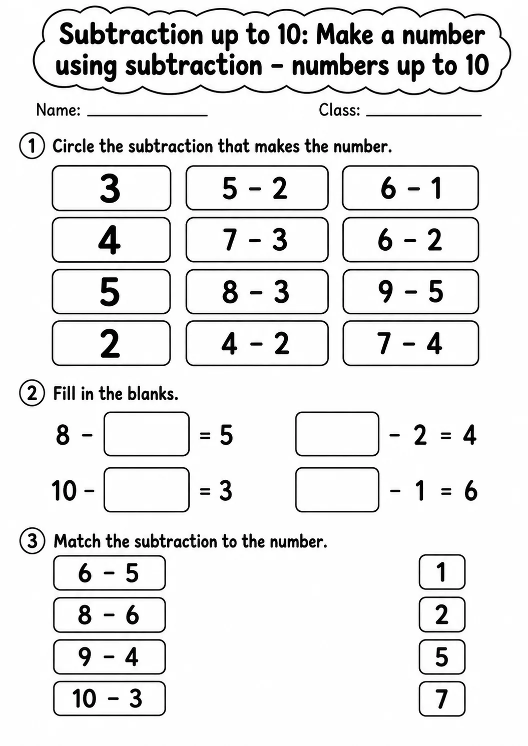Kindergarten Subtraction up to 10 Math Worksheet Pack page 5 printable worksheet preview