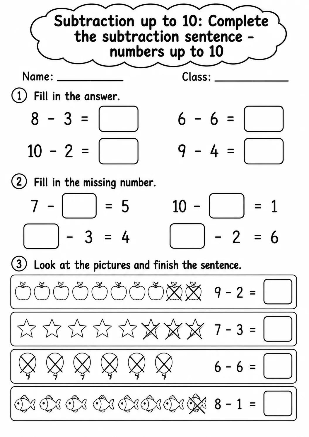 Kindergarten Subtraction up to 10 Math Worksheet Pack page 6 printable worksheet preview