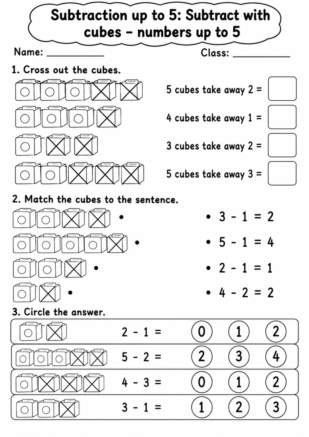 Kindergarten Subtraction up to 5 Math Worksheet Pack printable worksheet pack preview