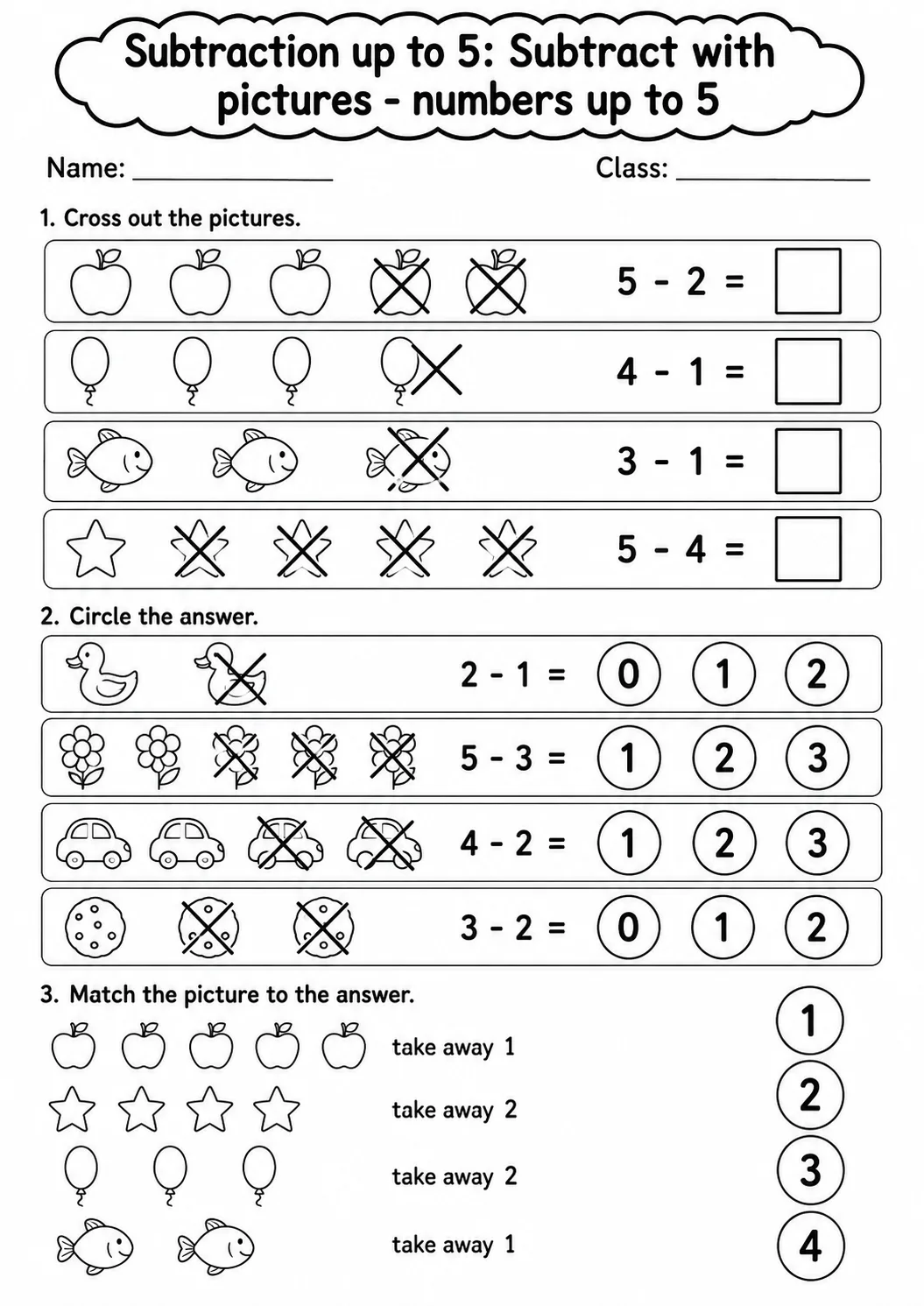 Kindergarten Subtraction up to 5 Math Worksheet Pack page 2 printable worksheet preview