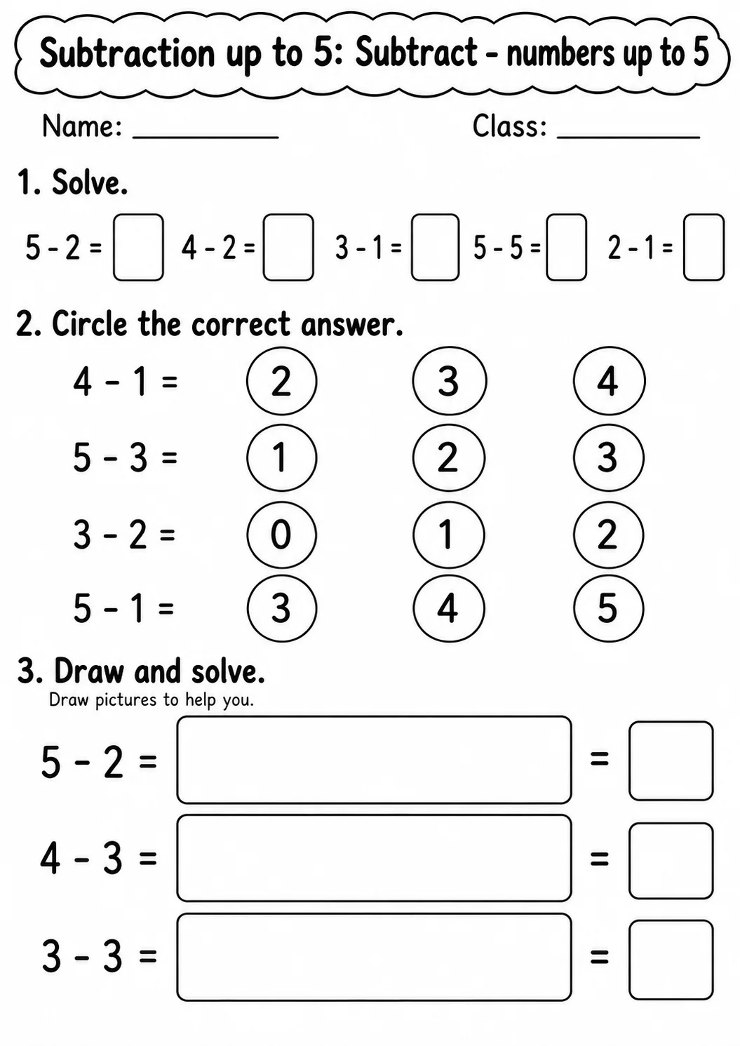 Kindergarten Subtraction up to 5 Math Worksheet Pack page 3 printable worksheet preview