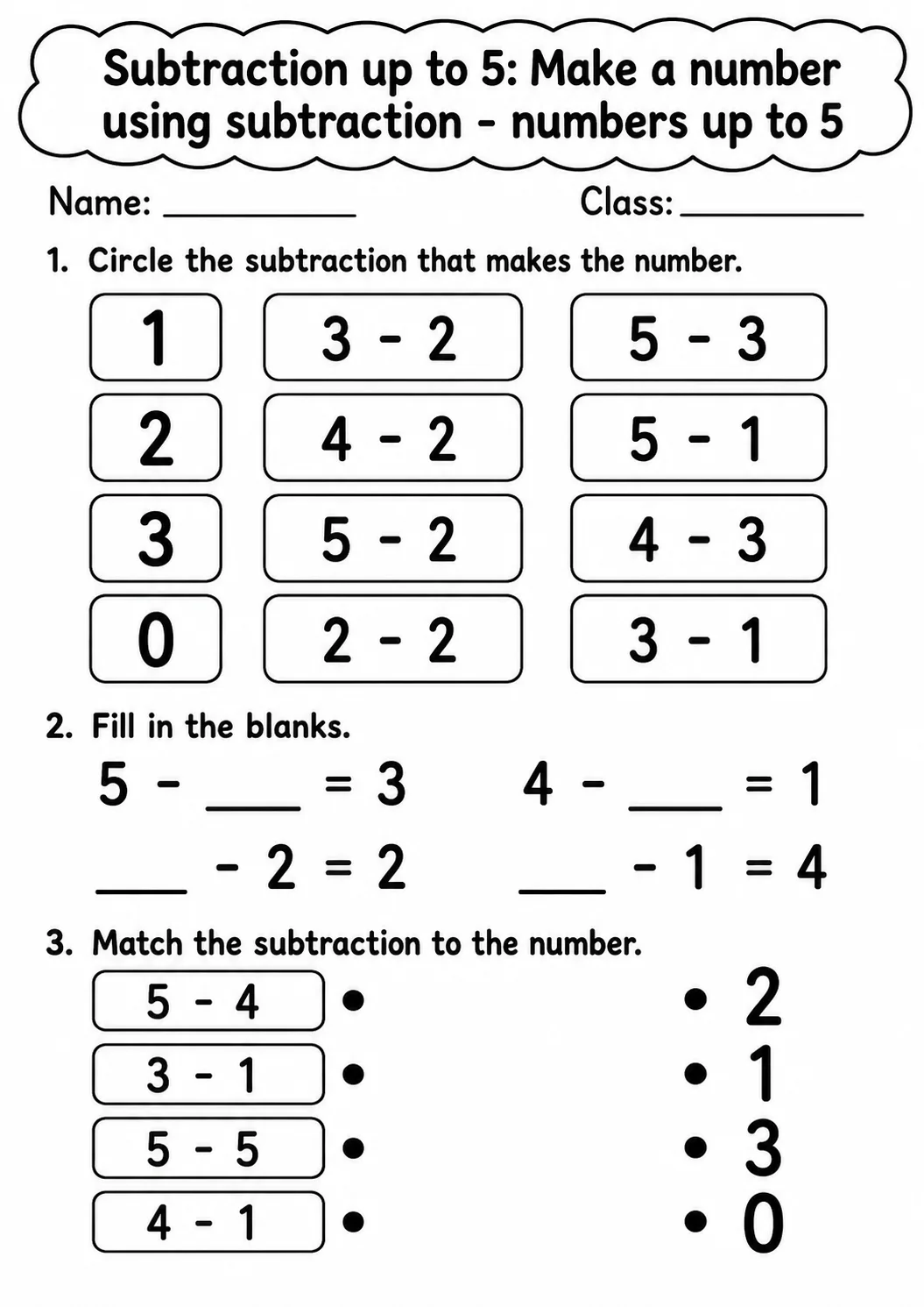 Kindergarten Subtraction up to 5 Math Worksheet Pack page 4 printable worksheet preview